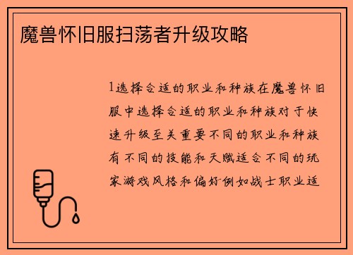 魔兽怀旧服扫荡者升级攻略